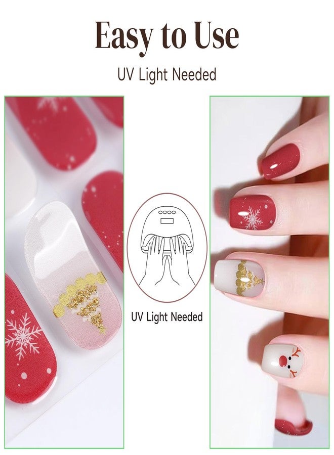 DUKASOU Semi Cured Gel Nail Strips, 28 Pcs Christmas Tree Snowflake Gel Nail Stickers Full Nail Wraps for Women, Long Lasting UV Light Needed, Winter Holiday - Image 3